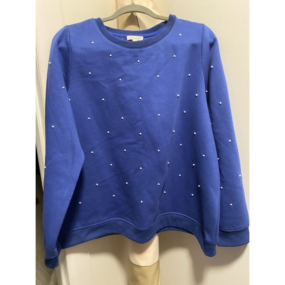 LA Boutique Cotton Bleu 100% Cotton Royal Blue Pearl Detail Pullover Sz XL Cozy